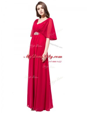 Perfect Beading Prom Evening Gown Coral Red Zipper Half Sleeves Floor Length