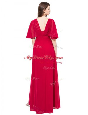 Perfect Beading Prom Evening Gown Coral Red Zipper Half Sleeves Floor Length