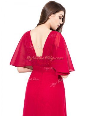 Perfect Beading Prom Evening Gown Coral Red Zipper Half Sleeves Floor Length