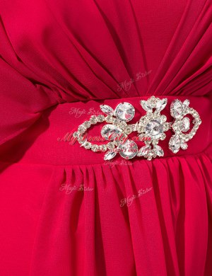 Perfect Beading Prom Evening Gown Coral Red Zipper Half Sleeves Floor Length