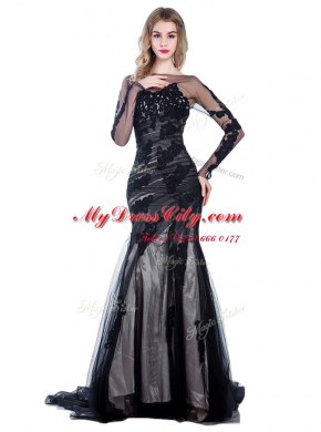 Mermaid Black Bateau Zipper Lace Dress for Prom Court Train Long Sleeves