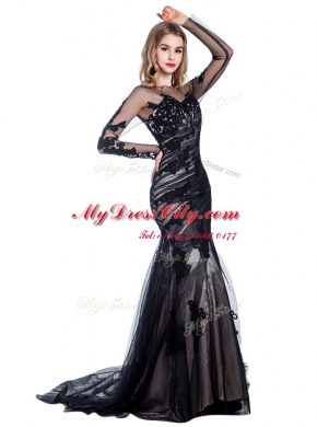 Mermaid Black Bateau Zipper Lace Dress for Prom Court Train Long Sleeves