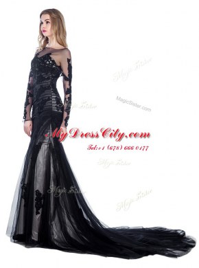 Mermaid Black Bateau Zipper Lace Dress for Prom Court Train Long Sleeves
