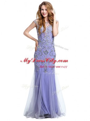 Decent Mermaid Scoop Cap Sleeves Evening Dress Floor Length Beading Lavender Tulle