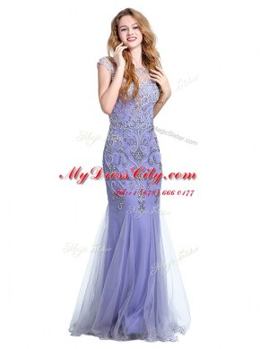 Decent Mermaid Scoop Cap Sleeves Evening Dress Floor Length Beading Lavender Tulle