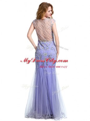 Decent Mermaid Scoop Cap Sleeves Evening Dress Floor Length Beading Lavender Tulle