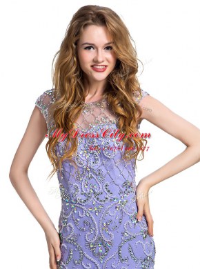 Decent Mermaid Scoop Cap Sleeves Evening Dress Floor Length Beading Lavender Tulle
