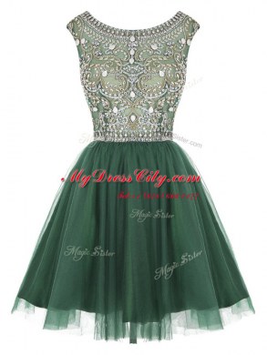 Scoop Mini Length Peacock Green Dress for Prom Tulle Sleeveless Beading and Appliques