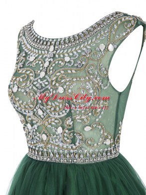 Scoop Mini Length Peacock Green Dress for Prom Tulle Sleeveless Beading and Appliques