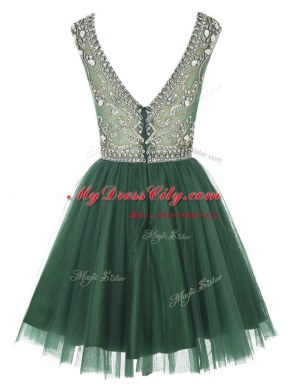 Scoop Mini Length Peacock Green Dress for Prom Tulle Sleeveless Beading and Appliques