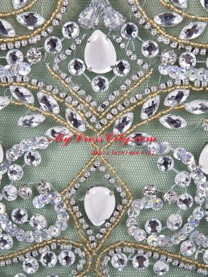 Scoop Mini Length Peacock Green Dress for Prom Tulle Sleeveless Beading and Appliques