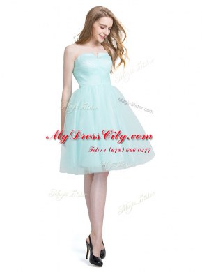 Suitable Sleeveless Tulle Knee Length Zipper Prom Gown in Turquoise with Ruching