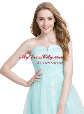 Suitable Sleeveless Tulle Knee Length Zipper Prom Gown in Turquoise with Ruching
