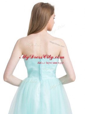 Suitable Sleeveless Tulle Knee Length Zipper Prom Gown in Turquoise with Ruching