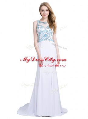 New Arrival Scoop Sleeveless Prom Evening Gown With Brush Train Beading White Chiffon