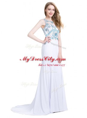 New Arrival Scoop Sleeveless Prom Evening Gown With Brush Train Beading White Chiffon