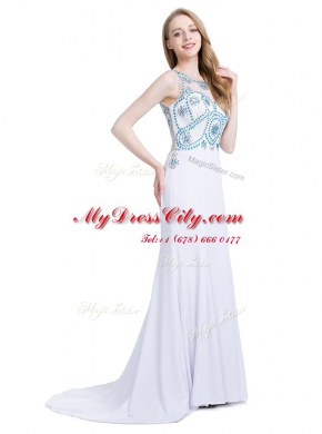 New Arrival Scoop Sleeveless Prom Evening Gown With Brush Train Beading White Chiffon