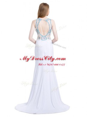 New Arrival Scoop Sleeveless Prom Evening Gown With Brush Train Beading White Chiffon