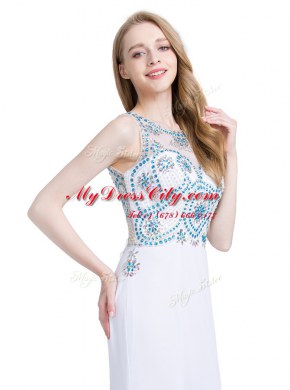 New Arrival Scoop Sleeveless Prom Evening Gown With Brush Train Beading White Chiffon