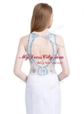 New Arrival Scoop Sleeveless Prom Evening Gown With Brush Train Beading White Chiffon