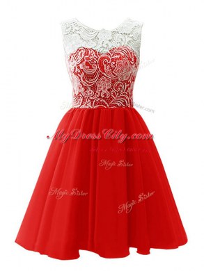 Hot Sale Red Chiffon Clasp Handle Scoop Sleeveless Mini Length Evening Dress Lace