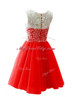 Hot Sale Red Chiffon Clasp Handle Scoop Sleeveless Mini Length Evening Dress Lace