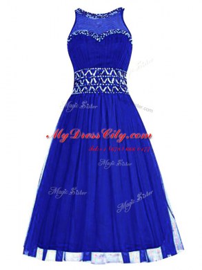 Scoop Beading Prom Party Dress Royal Blue Zipper Sleeveless Knee Length