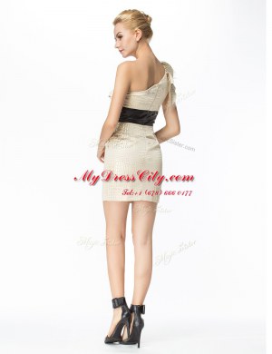 Fashion One Shoulder Sleeveless Evening Dress Mini Length Ruching Champagne Printed