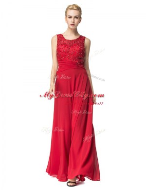 Scoop Sleeveless Lace Up Floor Length Beading and Ruching Prom Evening Gown