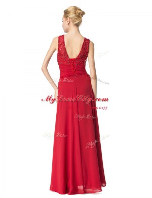 Scoop Sleeveless Lace Up Floor Length Beading and Ruching Prom Evening Gown
