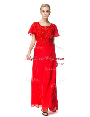 Scoop Short Sleeves Backless Prom Dresses Red Chiffon