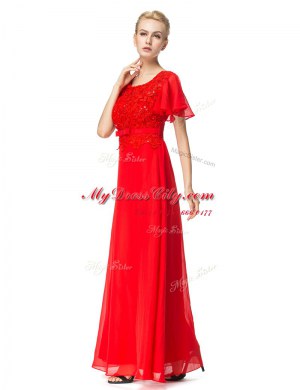 Scoop Short Sleeves Backless Prom Dresses Red Chiffon