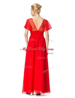 Scoop Short Sleeves Backless Prom Dresses Red Chiffon
