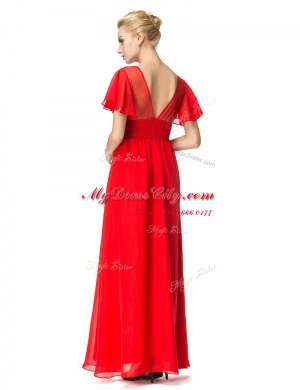 Scoop Short Sleeves Backless Prom Dresses Red Chiffon