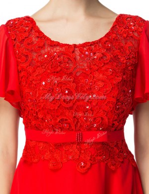 Scoop Short Sleeves Backless Prom Dresses Red Chiffon