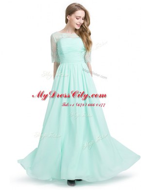 Floor Length Turquoise Scoop Half Sleeves Lace Up