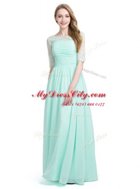Floor Length Turquoise Scoop Half Sleeves Lace Up