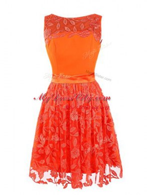 Fitting Scoop Sleeveless Lace Mini Length Zipper Prom Dresses in Orange Red with Lace