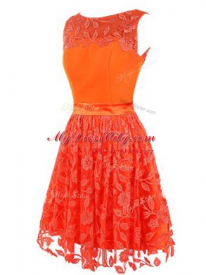 Fitting Scoop Sleeveless Lace Mini Length Zipper Prom Dresses in Orange Red with Lace
