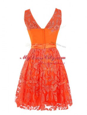 Fitting Scoop Sleeveless Lace Mini Length Zipper Prom Dresses in Orange Red with Lace
