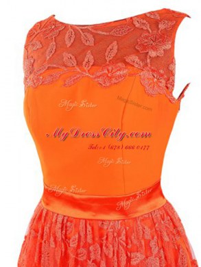 Fitting Scoop Sleeveless Lace Mini Length Zipper Prom Dresses in Orange Red with Lace