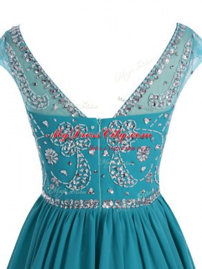 Scoop Mini Length Zipper Prom Dresses Teal for Prom and Party with Beading