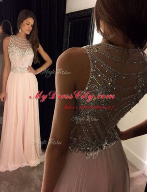 Scoop With Train Side Zipper Dress for Prom Pink for Prom and Party with Beading Brush Train