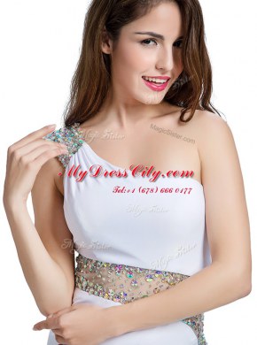 One Shoulder White Sleeveless Elastic Woven Satin Side Zipper Prom Dress for Prom and Party
