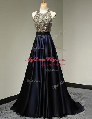 Stylish Halter Top With Train Navy Blue Satin Brush Train Sleeveless Beading