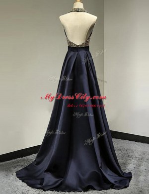 Stylish Halter Top With Train Navy Blue Satin Brush Train Sleeveless Beading