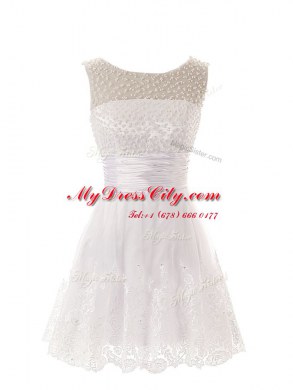 Scoop Sleeveless Lace Mini Length Zipper Teens Party Dress in White with Beading and Lace