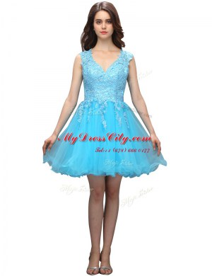 Flirting Aqua Blue V-neck Backless Appliques Prom Dress Sleeveless