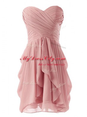Simple Pink Column/Sheath Sweetheart Sleeveless Chiffon Mini Length Lace Up Ruching Evening Dress