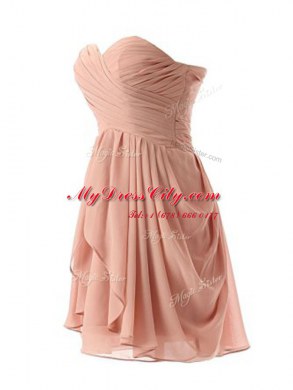 Simple Pink Column/Sheath Sweetheart Sleeveless Chiffon Mini Length Lace Up Ruching Evening Dress
